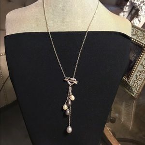 Freshwater Pearl, Silver Heart Lariat Necklace,